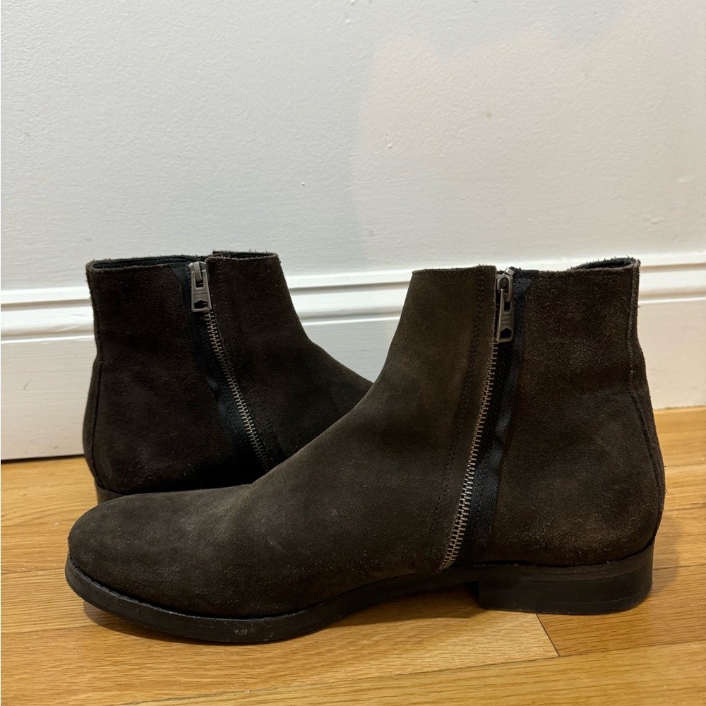 Allsaints suede Chelsea boots with zipper side.